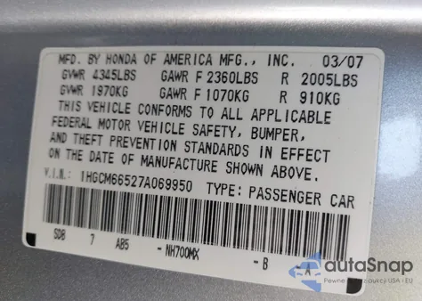 2007 Honda Accord 3.0 Ex z USA, uszkodzony, nr VIN 1HGCM66527A069950